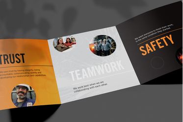closeup of 3 panel square brochure for Charter Steel