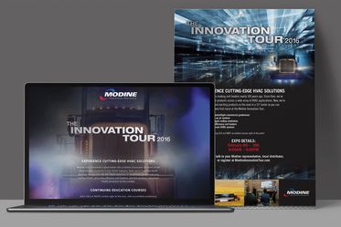 Laptop and poster featuring innovation tour website and details