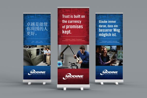 Three modine bannerups featuring different translations including Chinese, English and German.