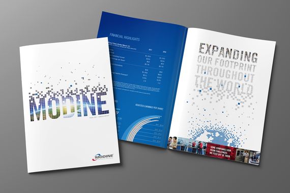 Cover and interior spread of Modine annual report with words "Expanding our footprint throughout the world" and square images