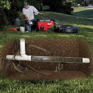 A 3D rendering cross-section view of a sewer drain being inspected from above ground using Milwaukee Tool equipment.