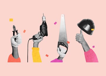 hands holding a variety of tools in a collage style