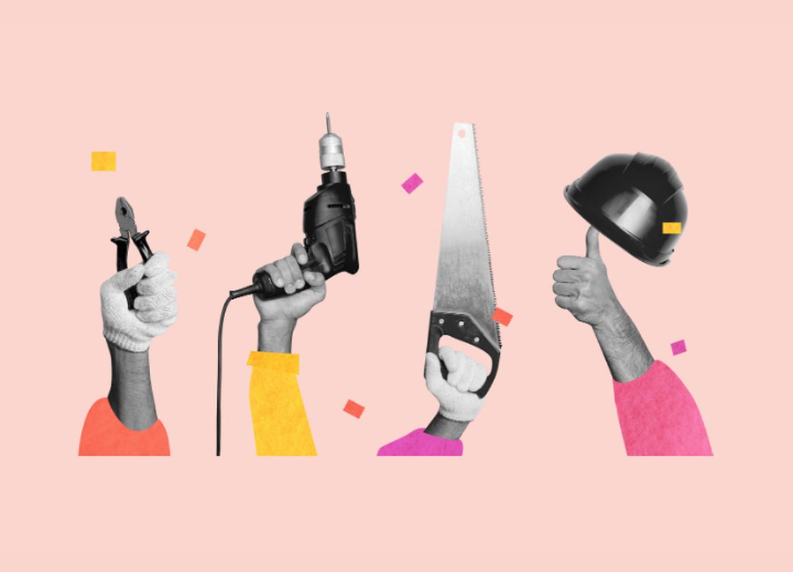 hands holding a variety of tools in a collage style