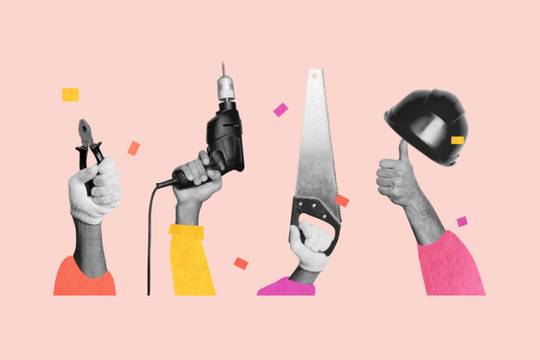 hands holding a variety of tools in a collage style