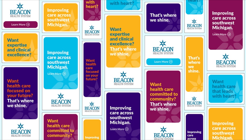 Grid of colorful Beacon Health System digital ads with short messaging about care, community, and improving health across southwest Michigan.