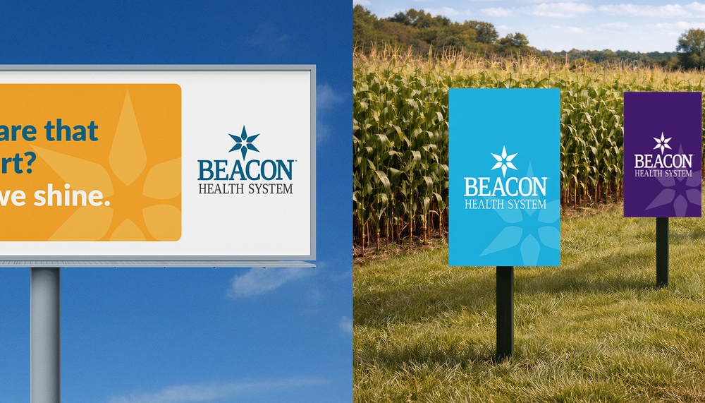 Beacon Health System outdoor advertising including a roadside billboard and a row of lawn signs along a rural road.