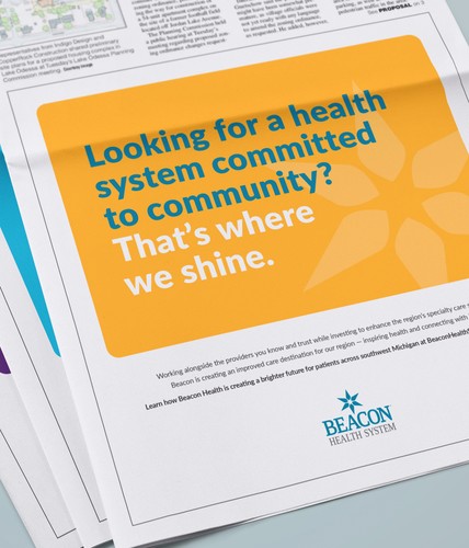 Beacon Health System newspaper ad with the headline ‘Looking for a health system committed to community? That’s where we shine.’