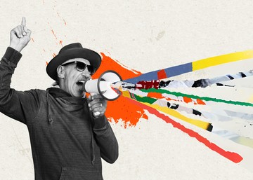 man with glasses and a fedora shouting into a megaphone. burst of color coming from megaphone