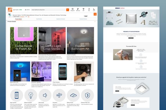 A digital concept featuring Broan products on a Home Depot website, and Broan-NuTone's website.