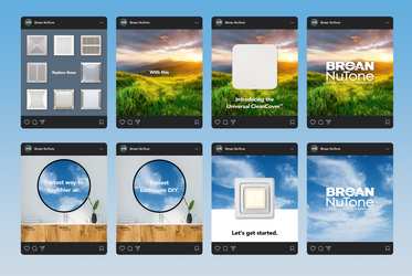 A layout of 8 social media posts showing Broan-NuTone social media concepts