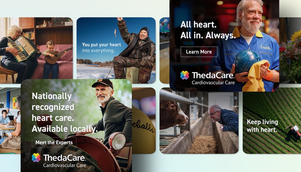 Collage of lifestyle images including music, fishing, farming, and bowling, paired with messaging about heart care and ThedaCare branding.