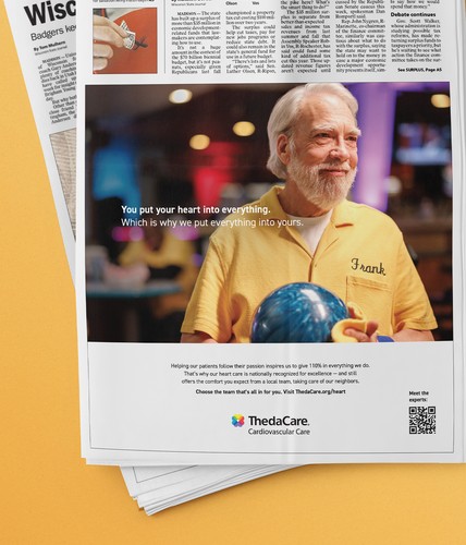 Older man in a yellow bowling shirt holds a bowling ball in a bowling alley, featured in a newspaper ad with messaging about putting your heart into everything and ThedaCare cardiovascular care.