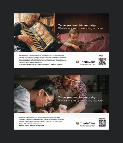 Older woman playing an accordion beside a young child learning guitar on a couch, with headline about putting your heart into everything and ThedaCare cardiovascular care information.