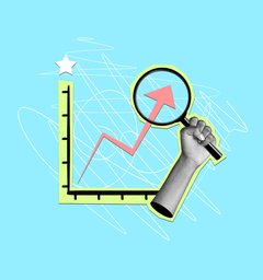 bar graph going up, pop art collage style