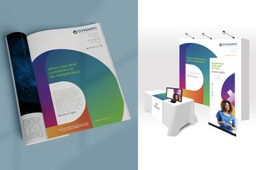 Magazine with dynamic ad placement and mockup of dynamic trade show booth Backdrop, banner-up, table and display monitor