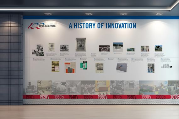 Wall with Modine 100th anniversary logo, "A history of innovation" featuring timeline of events from 1916 to current day.