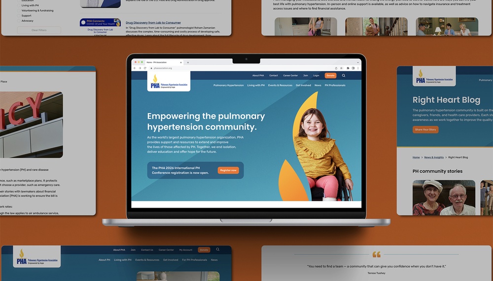 laptop screen layered with various pha website pages