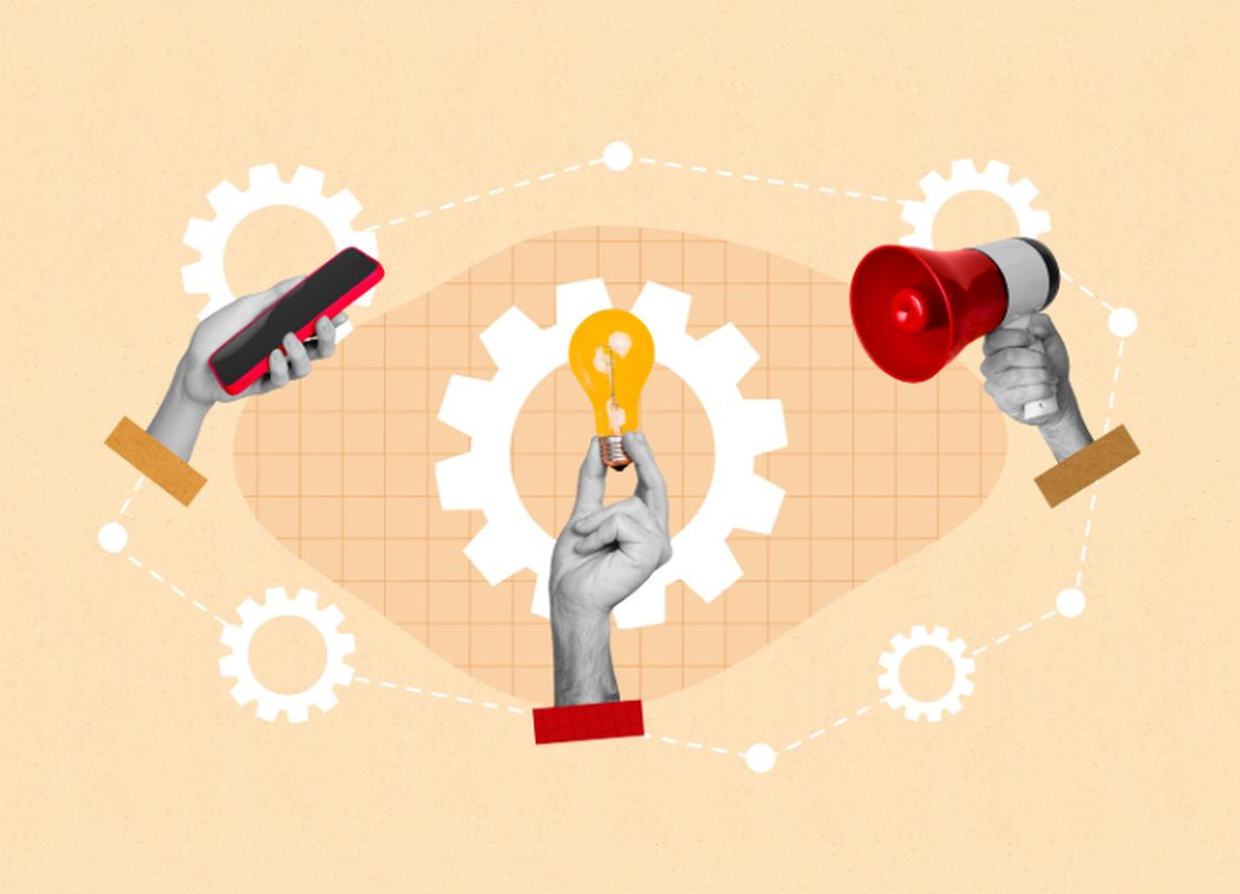 Illustration of an eye-shaped graphic with interconnected gears and dotted lines. In the center, a grayscale hand holds up a glowing yellow light bulb