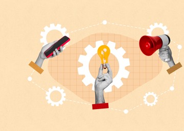 Illustration of an eye-shaped graphic with interconnected gears and dotted lines. In the center, a grayscale hand holds up a glowing yellow light bulb