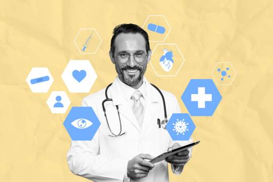 pop art graphic of doctor with medical icons