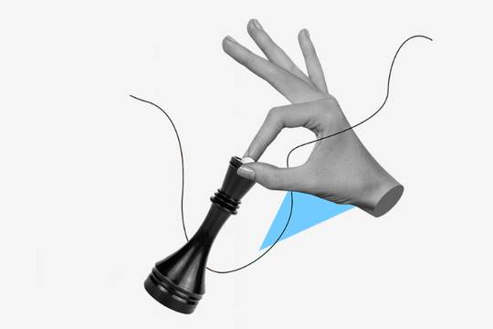 Black-and-white collage illustration of a hand delicately holding a black chess piece between two fingers. A thin abstract line curves across the imag