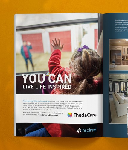 Core-produced print ad example in magazine, featuring headline "YOU CAN LIVE LIFE INSPIRED" with a little girl on a schoolbus