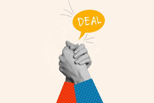 two hands clasping in a shake with the word "deal" in a speech bubble