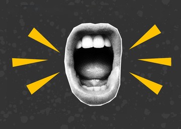 mouth shouting on a gray background with yellow marks