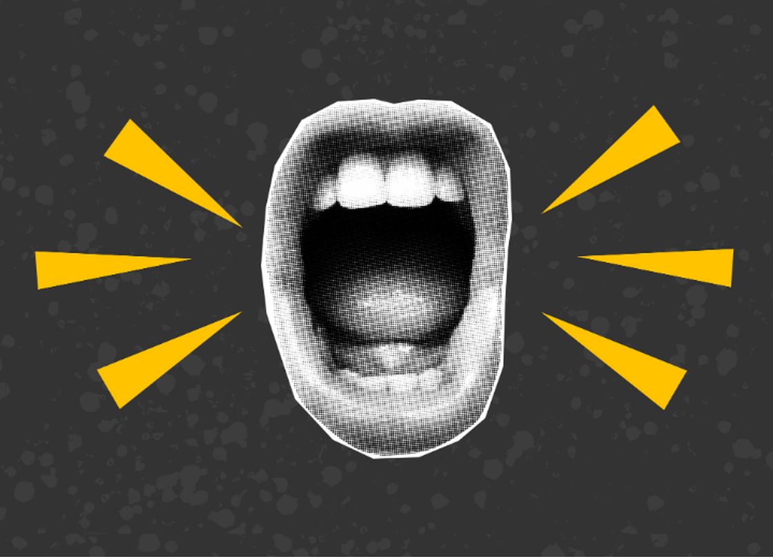 mouth shouting on a gray background with yellow marks