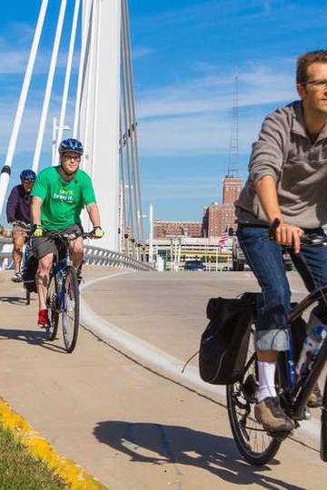 Core team members riding bikes outside